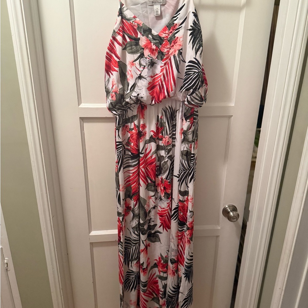 White House Black Market Floral Tropical Maxi Dress with Pink & Green Leaves